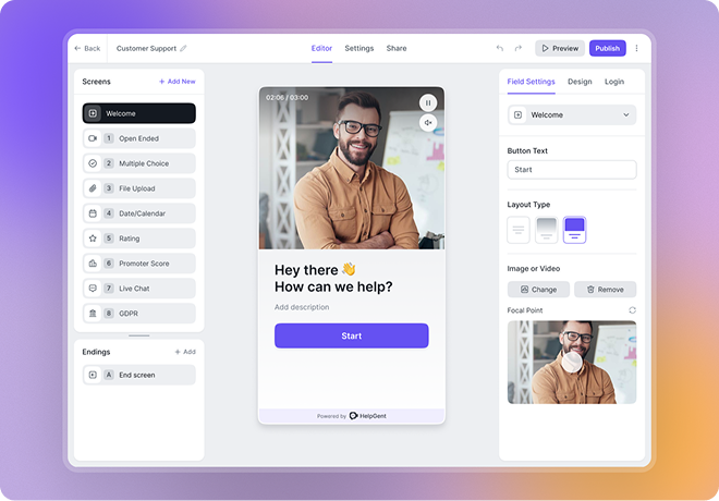 HelpGent form builder with a customer-support chat preview